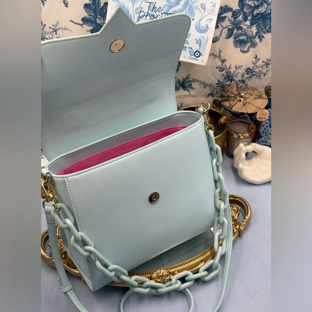 🆕 CHIARA FERRAGNI 🧿 NWOT Pale Blue Eyelike Tote Bag, Top Handle, Chain & Strap